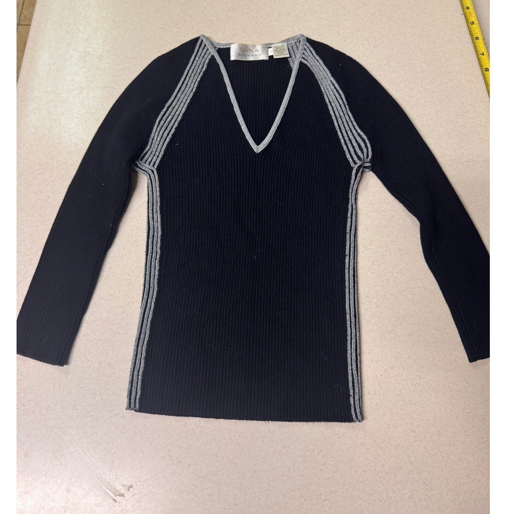Dana Buchman Navy Blue Ribbed V-Neck Sweater Silver Trim Small